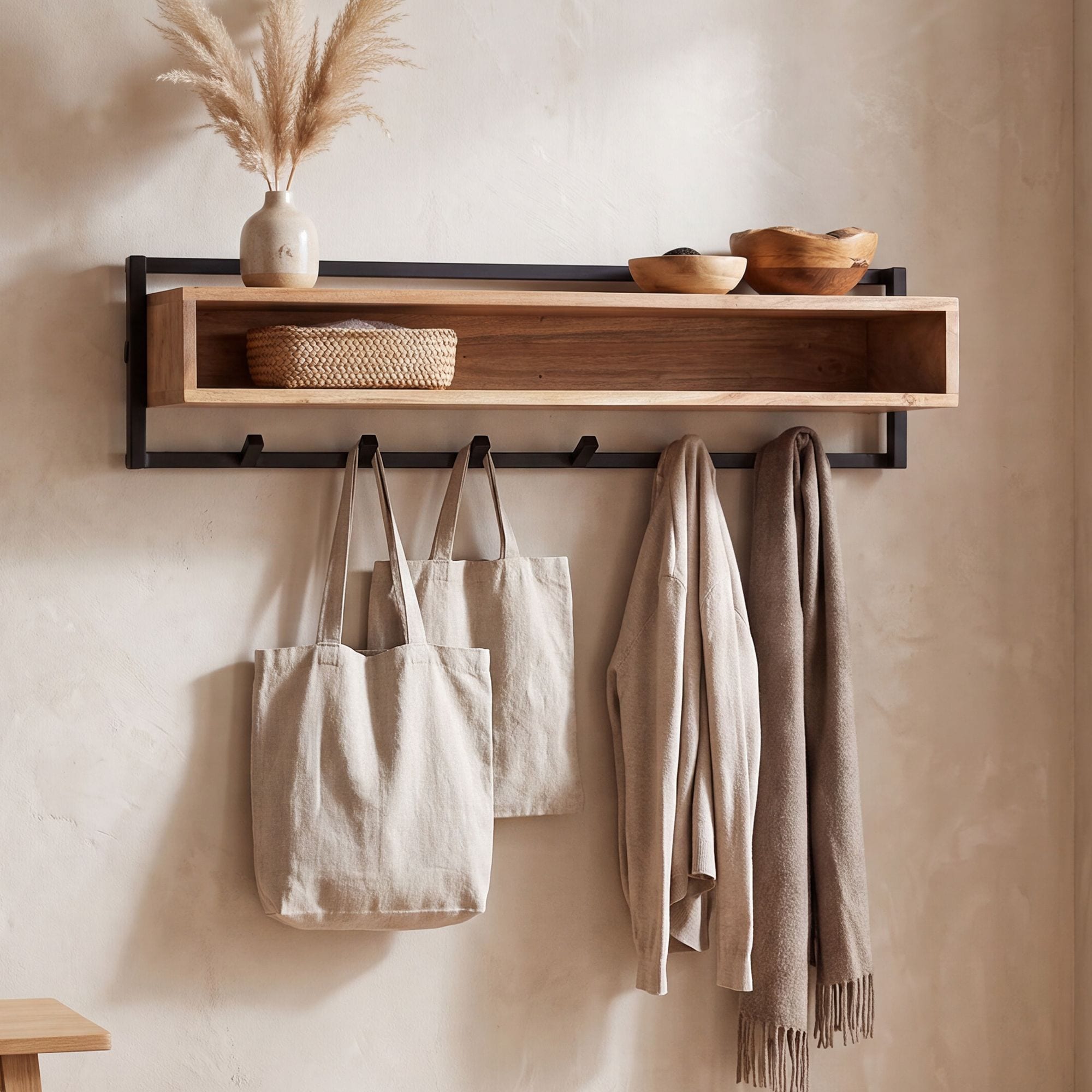 Wandgarderobe Massivholz 90cm H&auml;ngegarderobe Flurgarderobe mit Ablage 6 Haken - Bild 1