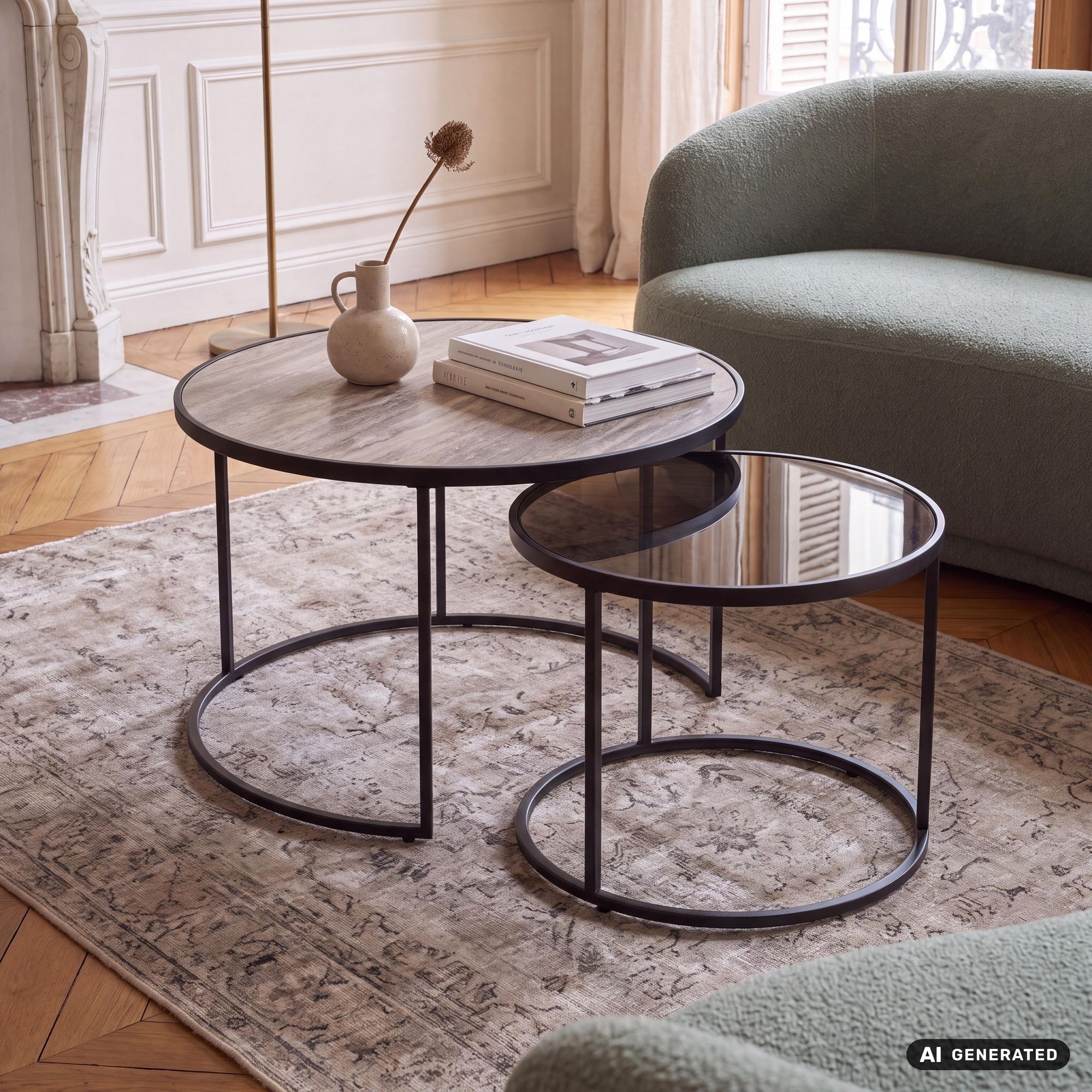 2er Set Couchtisch Marmor Glas rund Wohnzimmertisch Beistelltisch Satztisch - Bild 1
