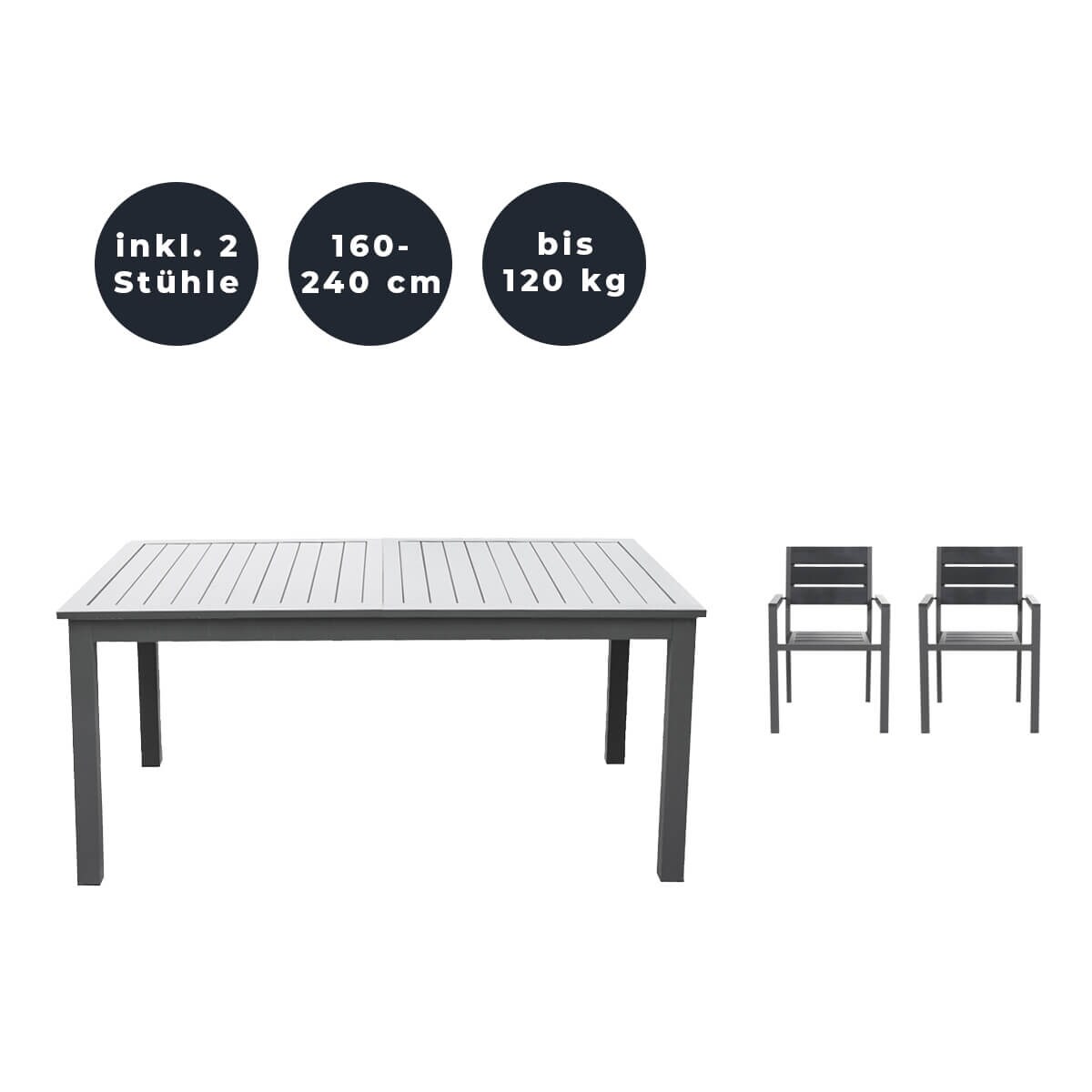 HOME DELUXE Garten-Sitzgruppe ausziehbar CASA MADERA - 160/240 x 100 cm 2 Stühle