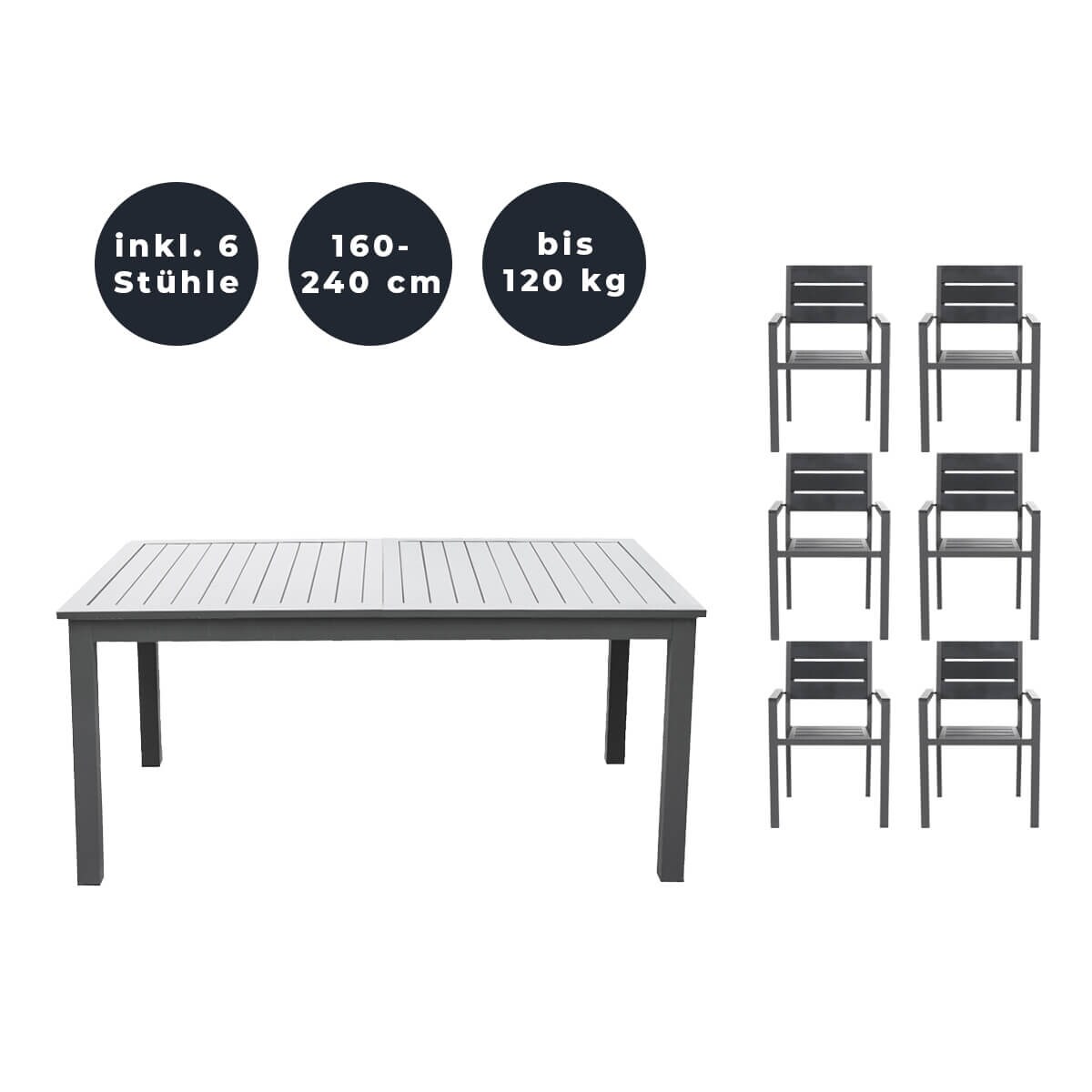 HOME DELUXE Garten-Sitzgruppe ausziehbar CASA MADERA - 160/240 x 100 cm 6 Stühle