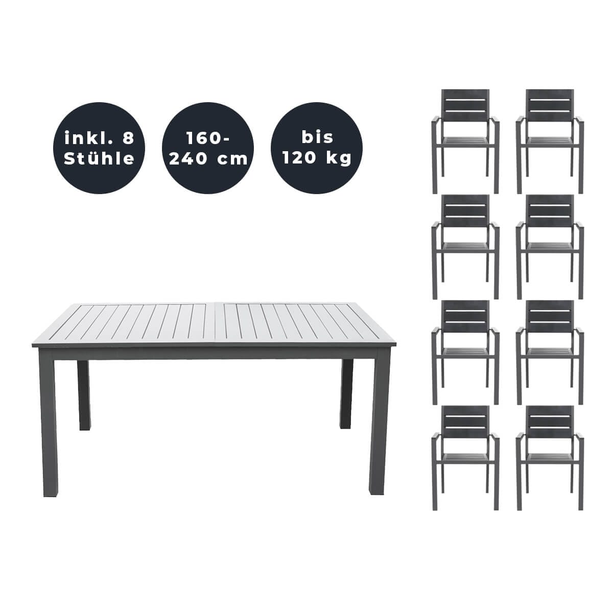 HOME DELUXE Garten-Sitzgruppe ausziehbar CASA MADERA - 160/240 x 100 cm 8 Stühle