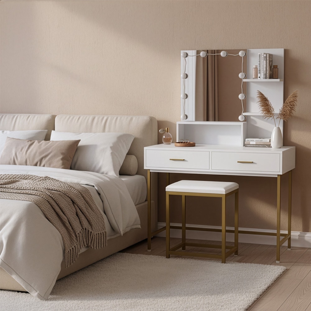HOME DELUXE Schminktisch mit Spiegel und LED-Beleuchtung KASIA &ndash; Wei&szlig;/Gold - Bild 1