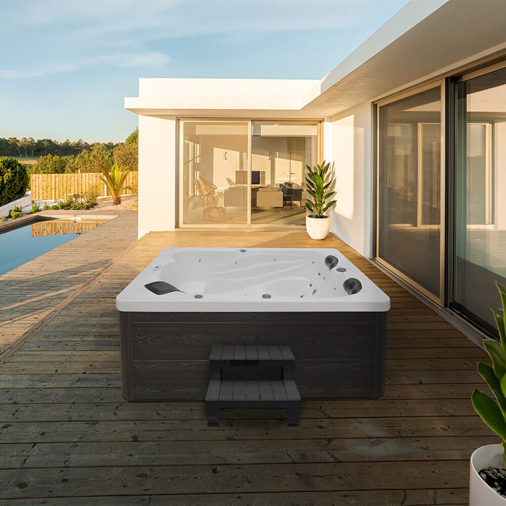 HOME DELUXE Outdoor Whirlpool mit Treppe und Thermoabdeckung SUNSET - 220 x 156 cm für 3 Personen