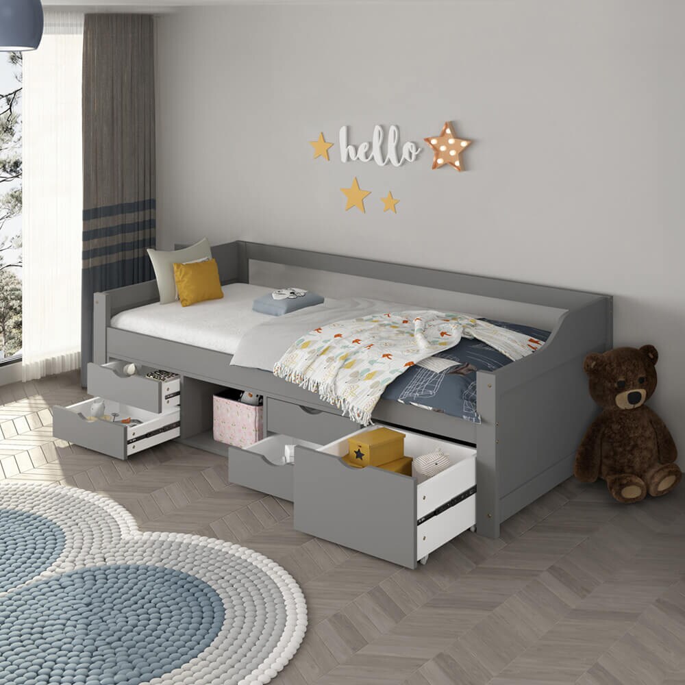 HOME DELUXE Kinderbett COSMOS mit Schubladen - 90 x 200 cm Grau