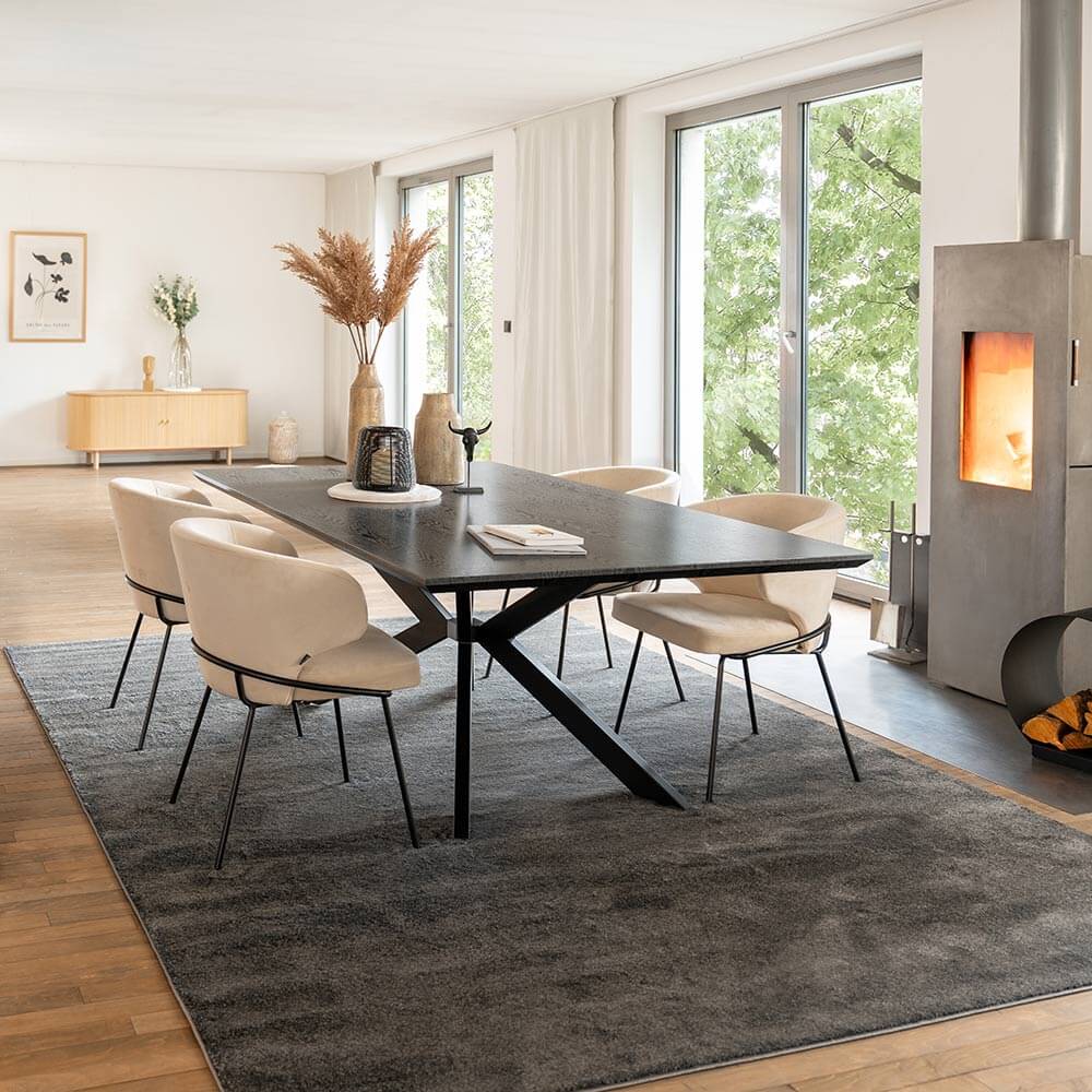 Essgruppe Eckig AVENCIA inkl. Sternfuß - 200 x 120 cm Dark Oak 8 Stühle Creme