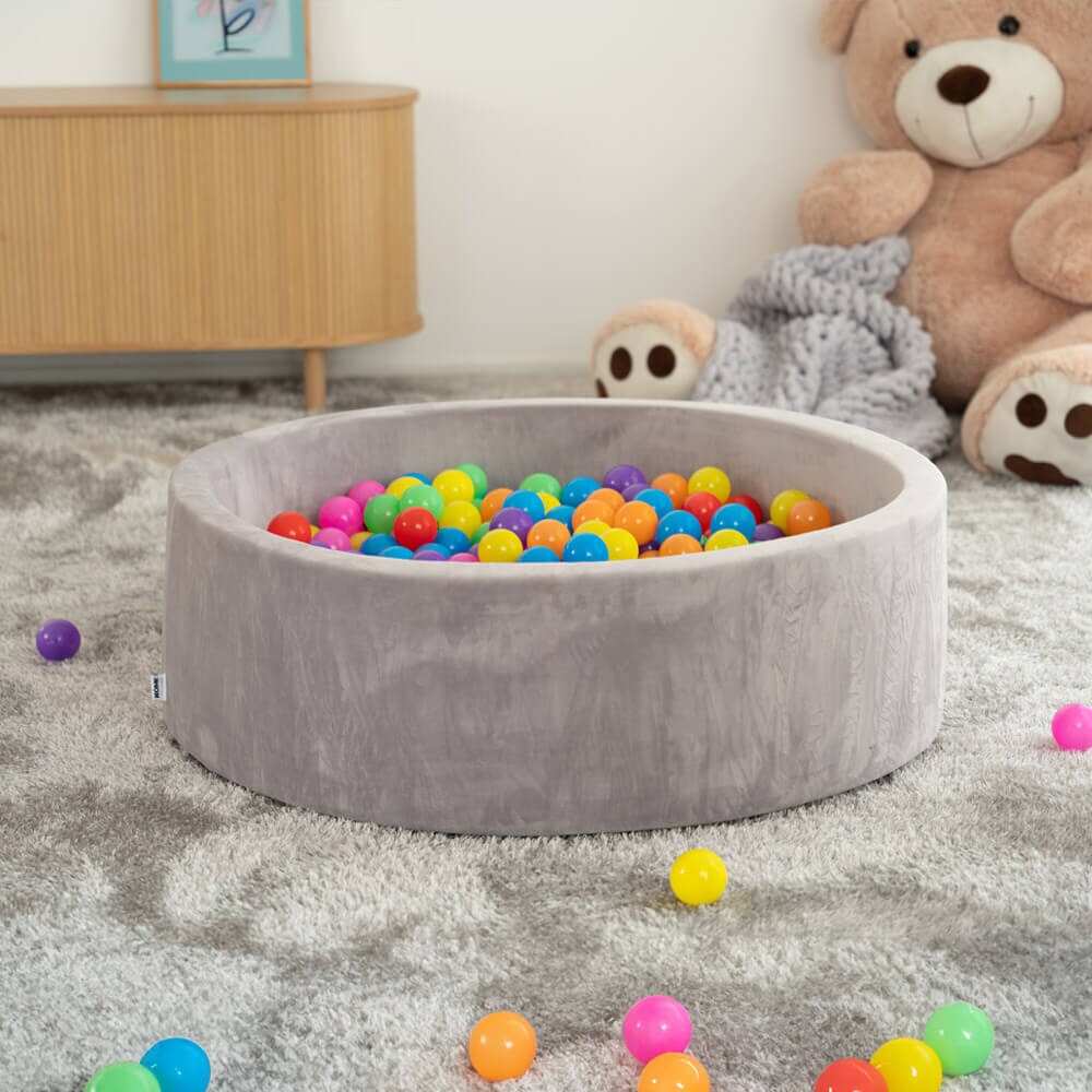 HOME DELUXE Bällebad Samt inkl. Spielbälle Bunt TWIRL - 100 x 100 cm Grau