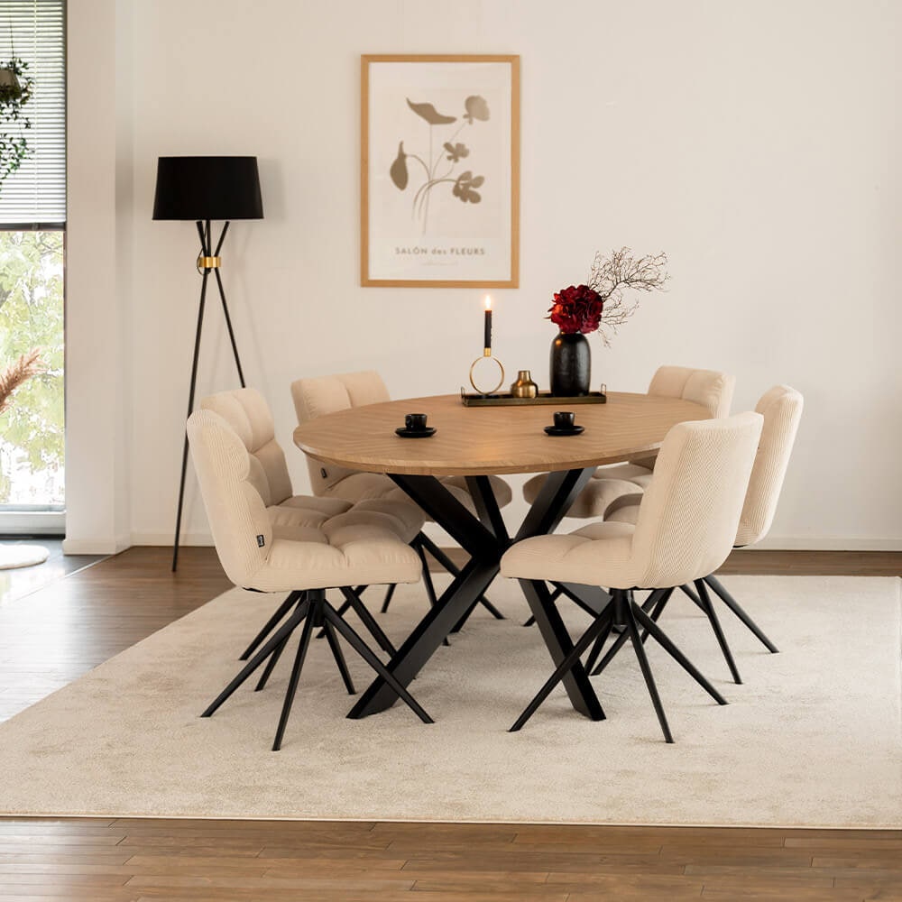 HOME DELUXE Esstisch Oval AVENTIS inkl. Sternfuß - 200 x 120 cm Fishbone Oak