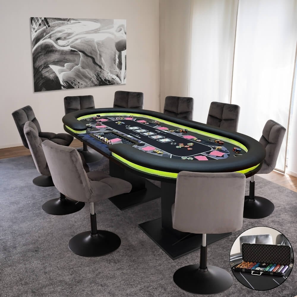 HOME DELUXE LED Pokertisch inkl. Pokerkoffer und 4 Stühle STRAIGHT FLUSH - Für 9 Personen