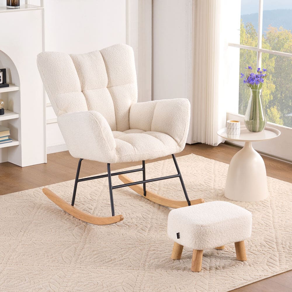 HOME DELUXE Schaukelstuhl inkl. Hocker NARA - Boucl&eacute; Wei&szlig; - Bild 1