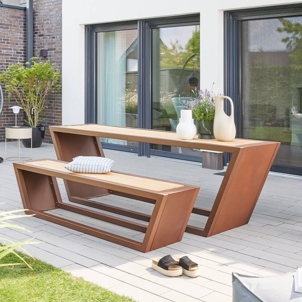 HOME DELUXE Sitzgarnitur aus Stahl KOBON Braun - Made in Germany - 1 x Bank + 1 x Tisch