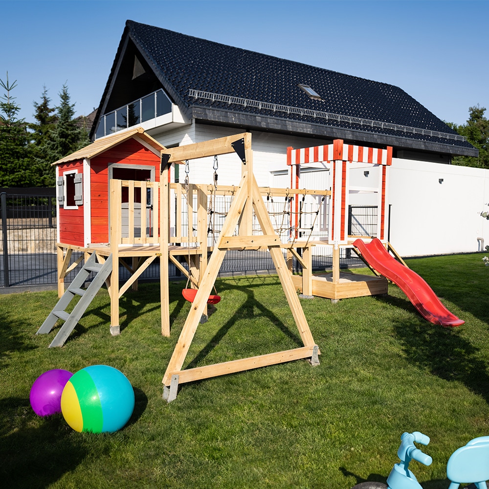 HOME DELUXE Spielpark inkl. Schaukel und Rutsche WUNDERLAND Rot - 555 x 340 cm
