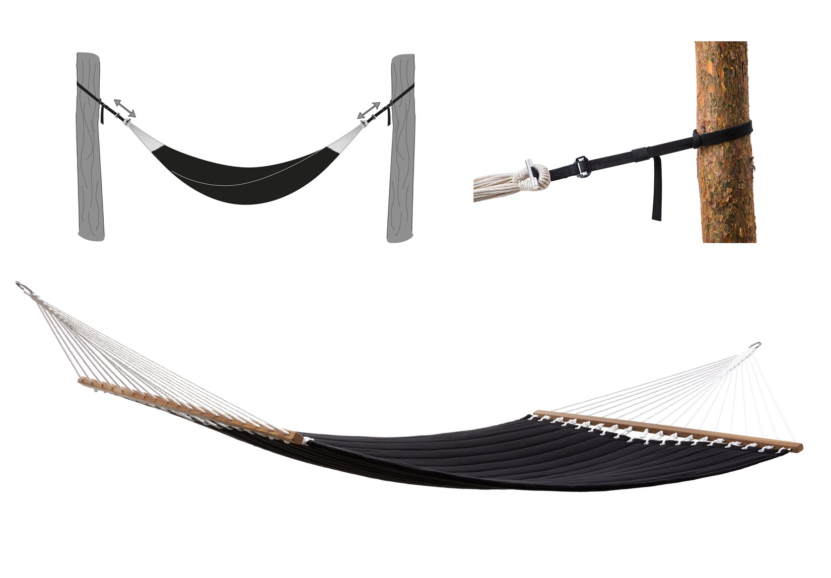 Grasekamp Stabhängematte 200 x 140 cm gepolstert  Schwarz mit Befestigungsgurten 160 Kg  Hängematte Hammock Mehrpersonen | 04001827482495