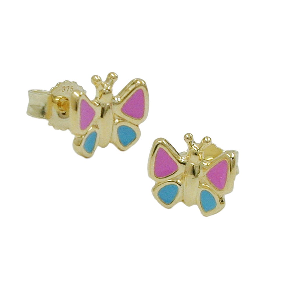 Gallay Ohrstecker Ohrring 7mm Schmetterling pink-hellblau 9Kt GOLD - Bild 1