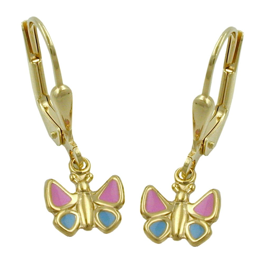 Gallay Ohrbrisur Ohrh&auml;nger Ohrringe 22x7mm Schmetterling hellblau-pink 9Kt GOLD - Bild 1