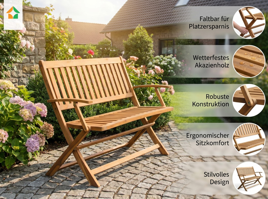 2-Sitzer faltbare Gartenbank aus Akazienholz, ca. 118 x 60 x 90 cm - Braun - Bild 1