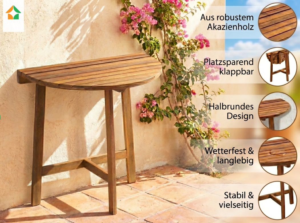 Klappbarer Beistelltisch halbrund aus Akazienholz, ca. 70 x 45 x 75 cm - Bild 1