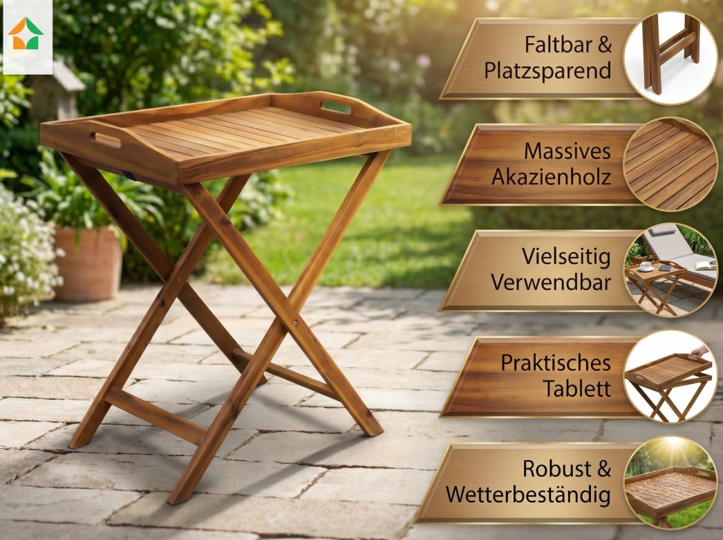 Faltbarer Gartentablett-Tisch aus Akazienholz, ca. 68 x 44 x 74 cm - Bild 1