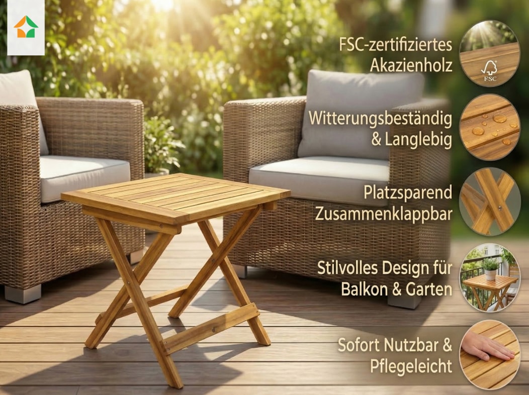 Akazienholz Gartenklapptisch Beistelltisch 46 cm FSC - Bild 1