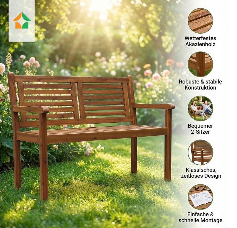 2-Sitzer Gartenbank aus Akazienholz, ca. 118 x 58 x 89 cm - Braun