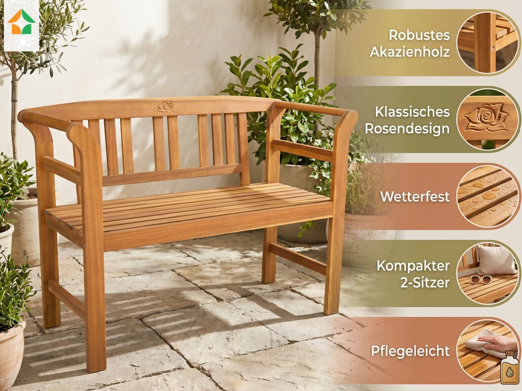 2-Sitzer Gartenbank aus Akazienholz, ca. 115 x 48,5&nbsp;x 82 cm - Rose