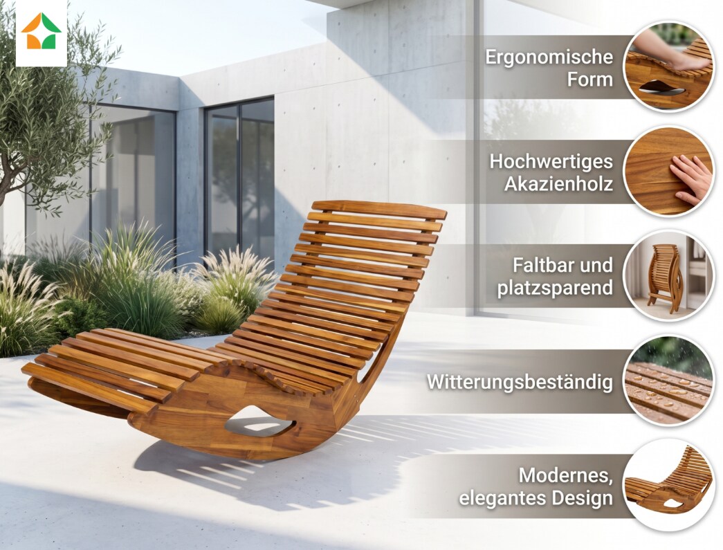 Ergonomische Schwungliege aus Akazienholz, klappbar