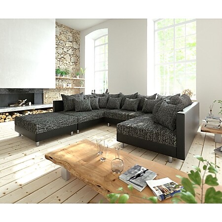 Couch Clovis Schwarz mit Hocker Wohnlandschaft Modulsofa - Bild 1