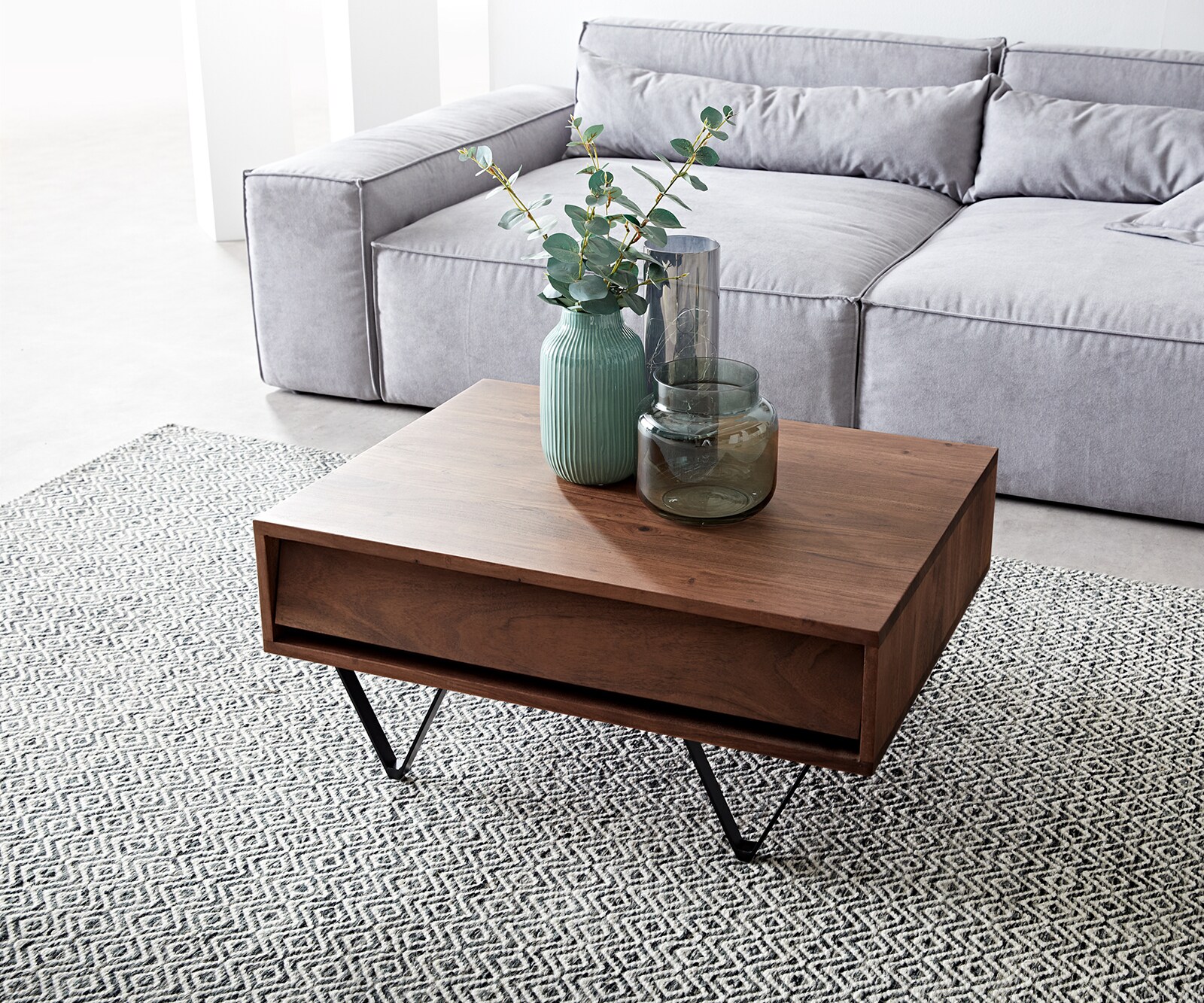 Couchtisch Eloi Akazie Braun 80x60 cm 2 Schubf&auml;cher V-Fu&szlig; Schwarz Wohnzimmertisch - Bild 1