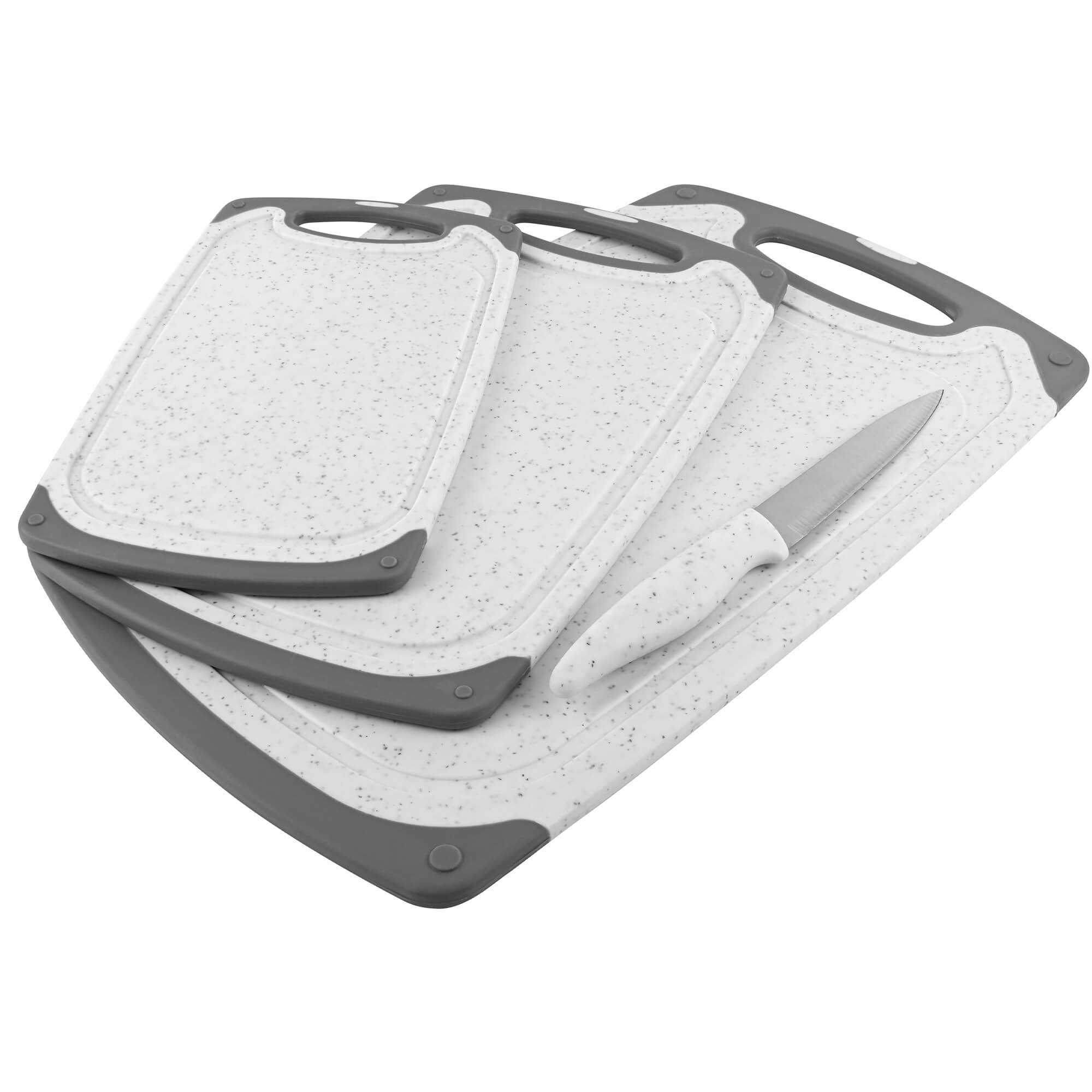 GR&Auml;WE Schneidebrett-Set, 4-teilig, inkl. Messer, Granit-Look, wei&szlig; - Bild 1