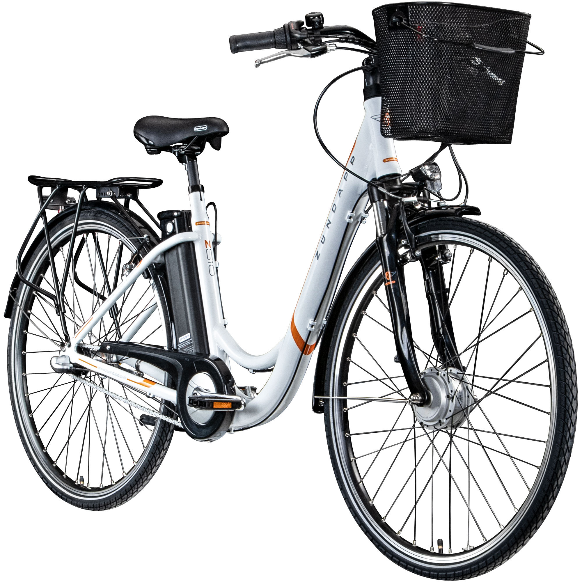 Z&uuml;ndapp Z510 E Bike 28 Zoll Damenfahrrad ab 155 cm mit 3 Gang Nabenschaltung und R&uuml;cktrittbremse wei&szlig;/orange - Bild 1
