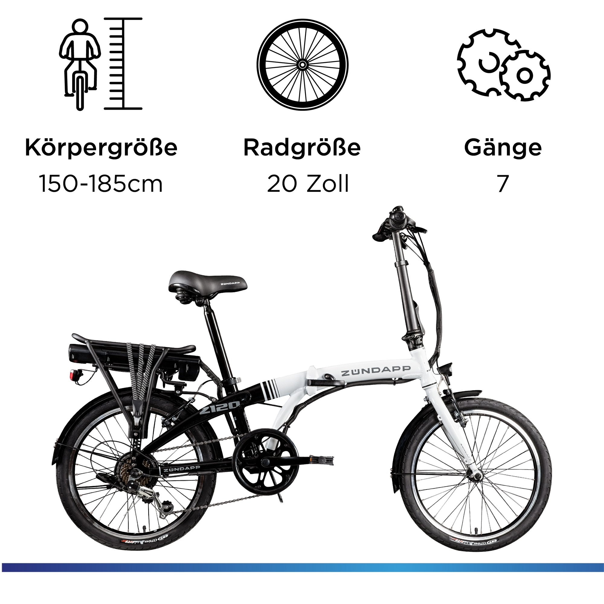Z&uuml;ndapp Z120 20 Zoll E Bike Faltrad f&uuml;r Damen Herren 150 - 185 cm E Klapprad schwarz wei&szlig; - Bild 1