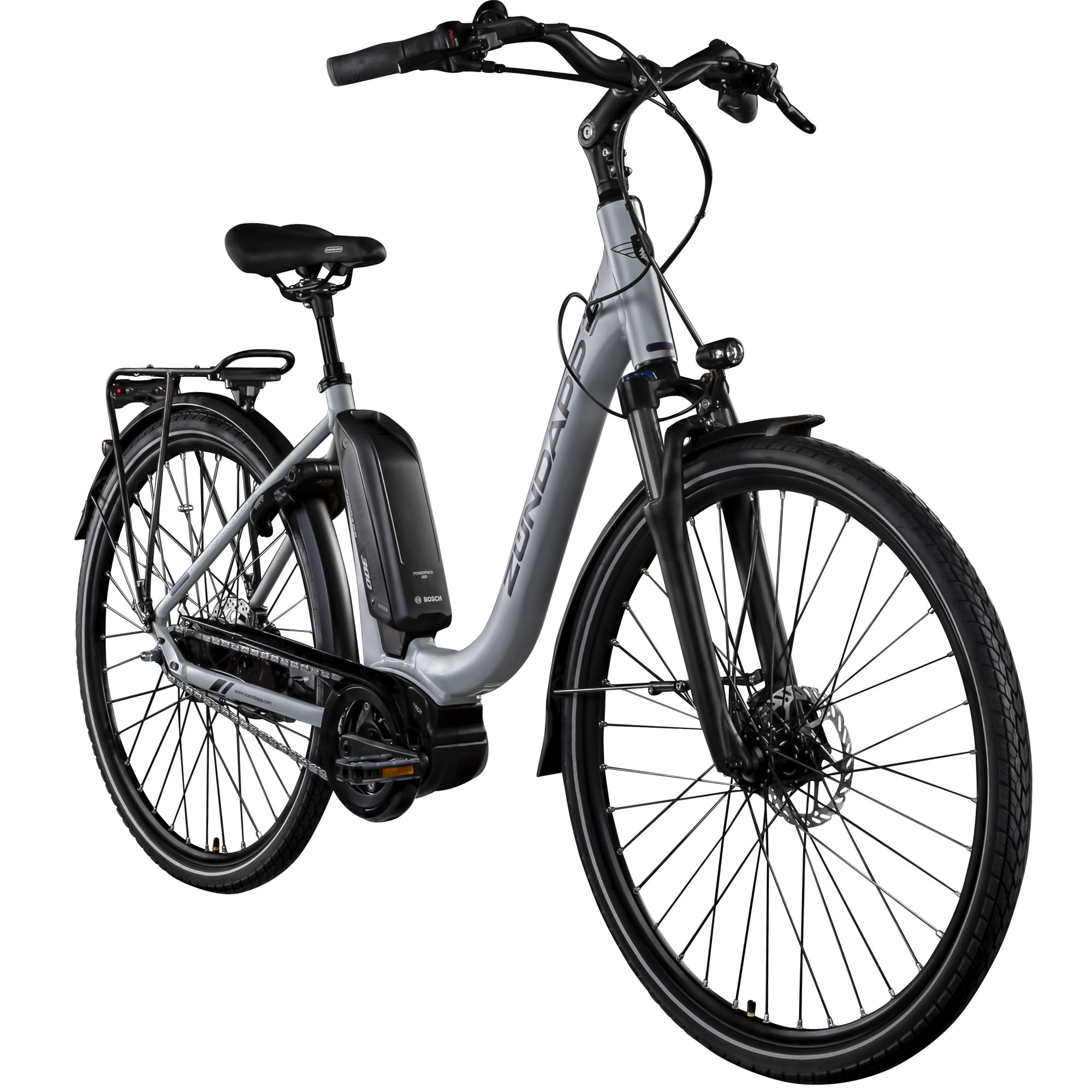 Z&uuml;ndapp X300 E Bike Damenfahrrad 155 - 180 cm Stadtrad Pedelec Bosch silber/lila - Bild 1
