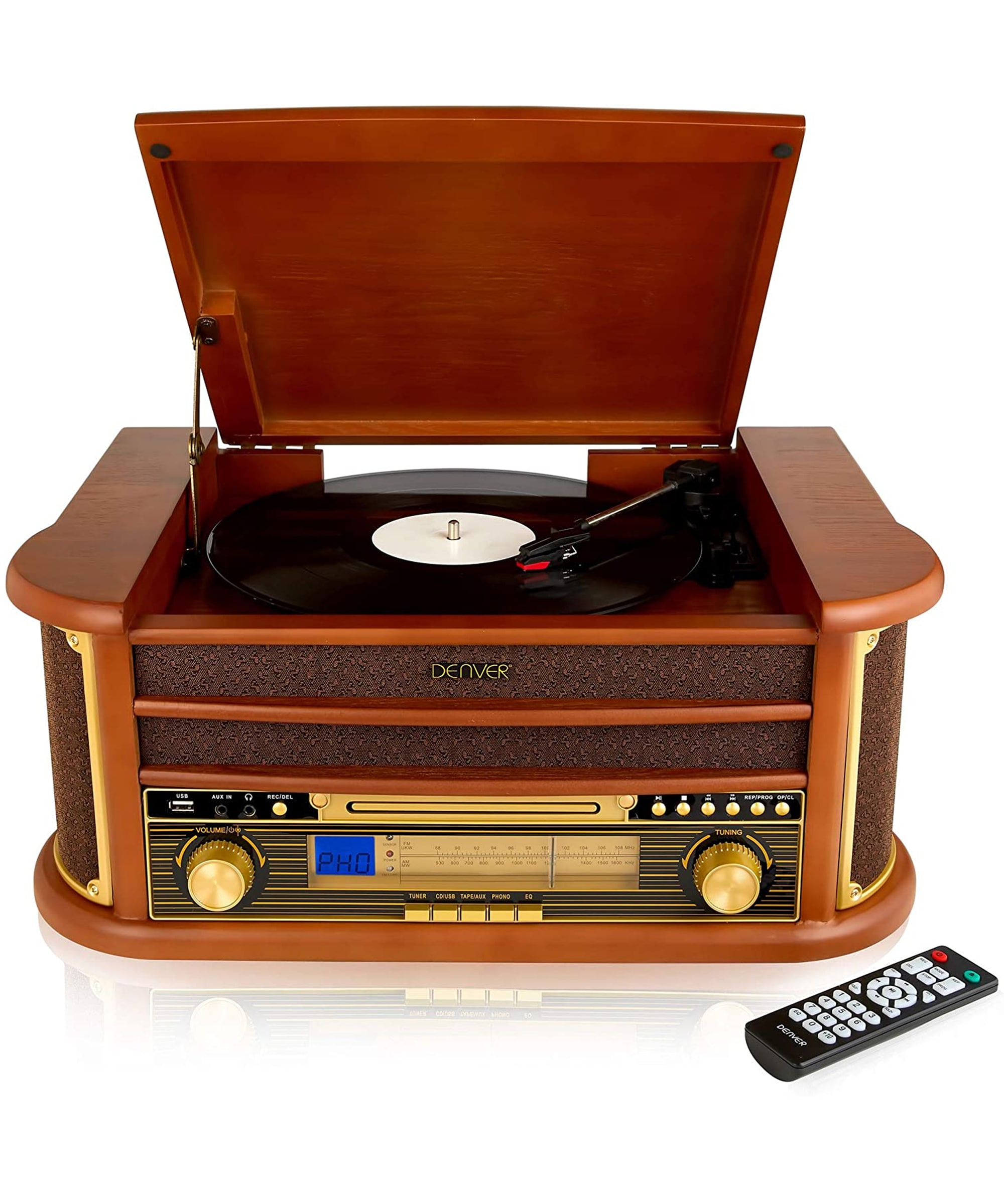 Denver MCR-50 Musiksystem f&uuml;r Vinyls, CDs und Kassetten, retro, braun - Bild 1