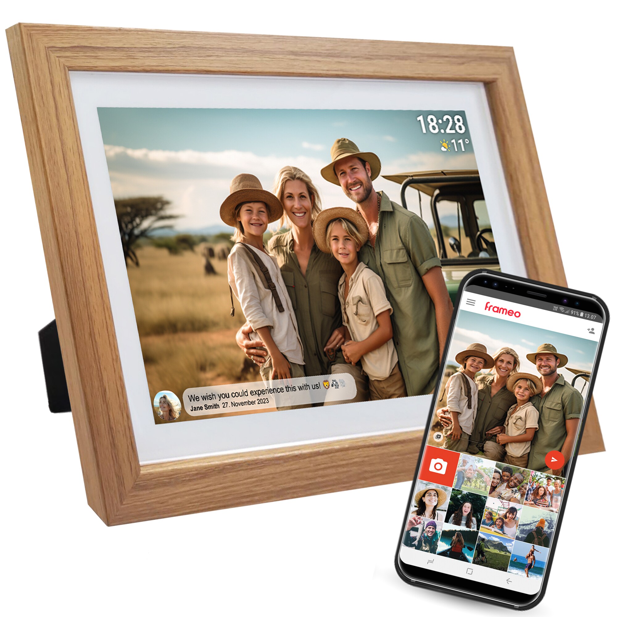 Denver PFF-1042 WLAN-Bilderrahmen 10.1" Touchscreen, Holz, hellbraun - Bild 1