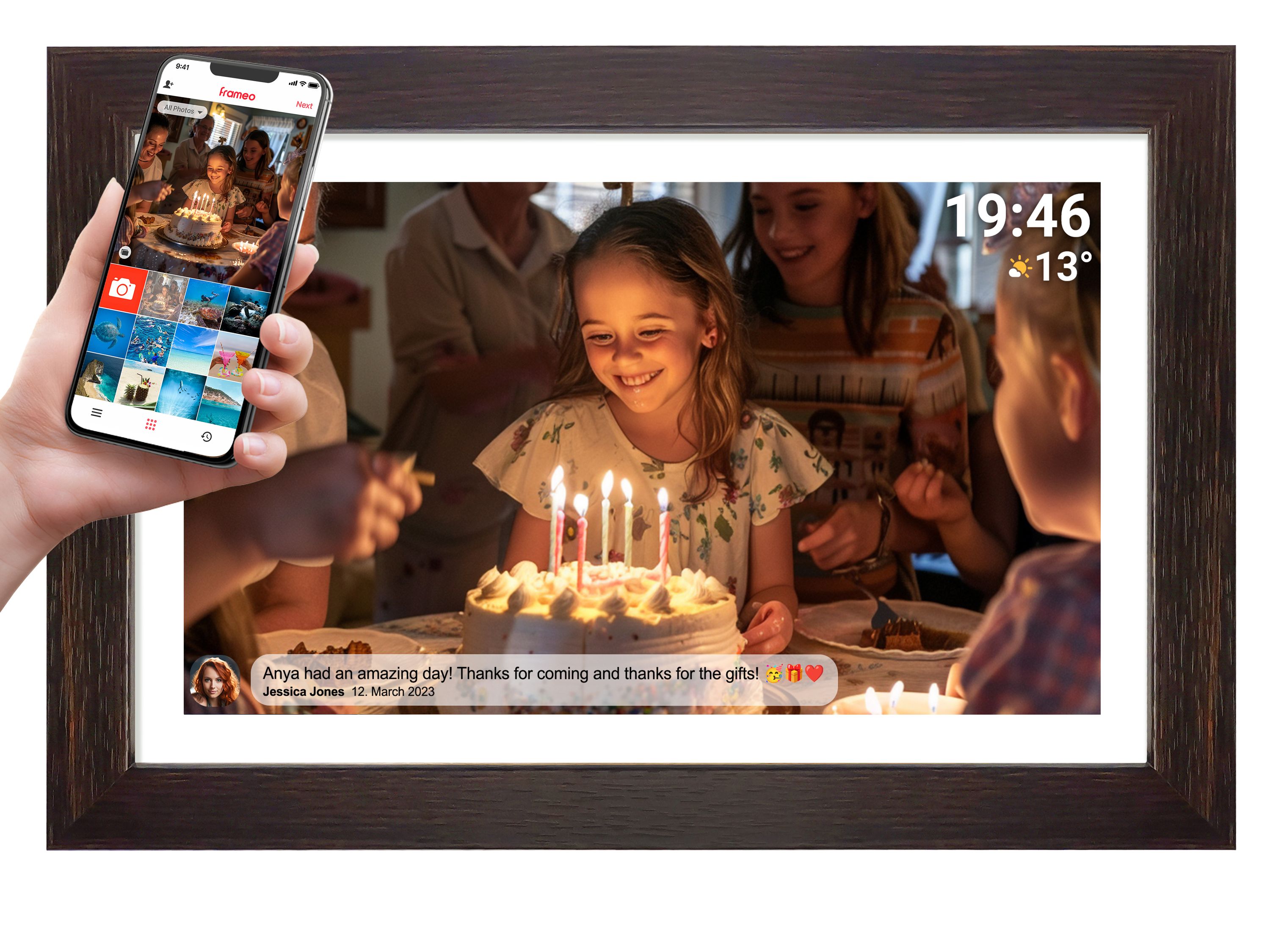 Denver PFF-1543 WiFi Bilderrahmen &ndash;15,6" IPS, Frameo, Holz dunkelbraun - Bild 1
