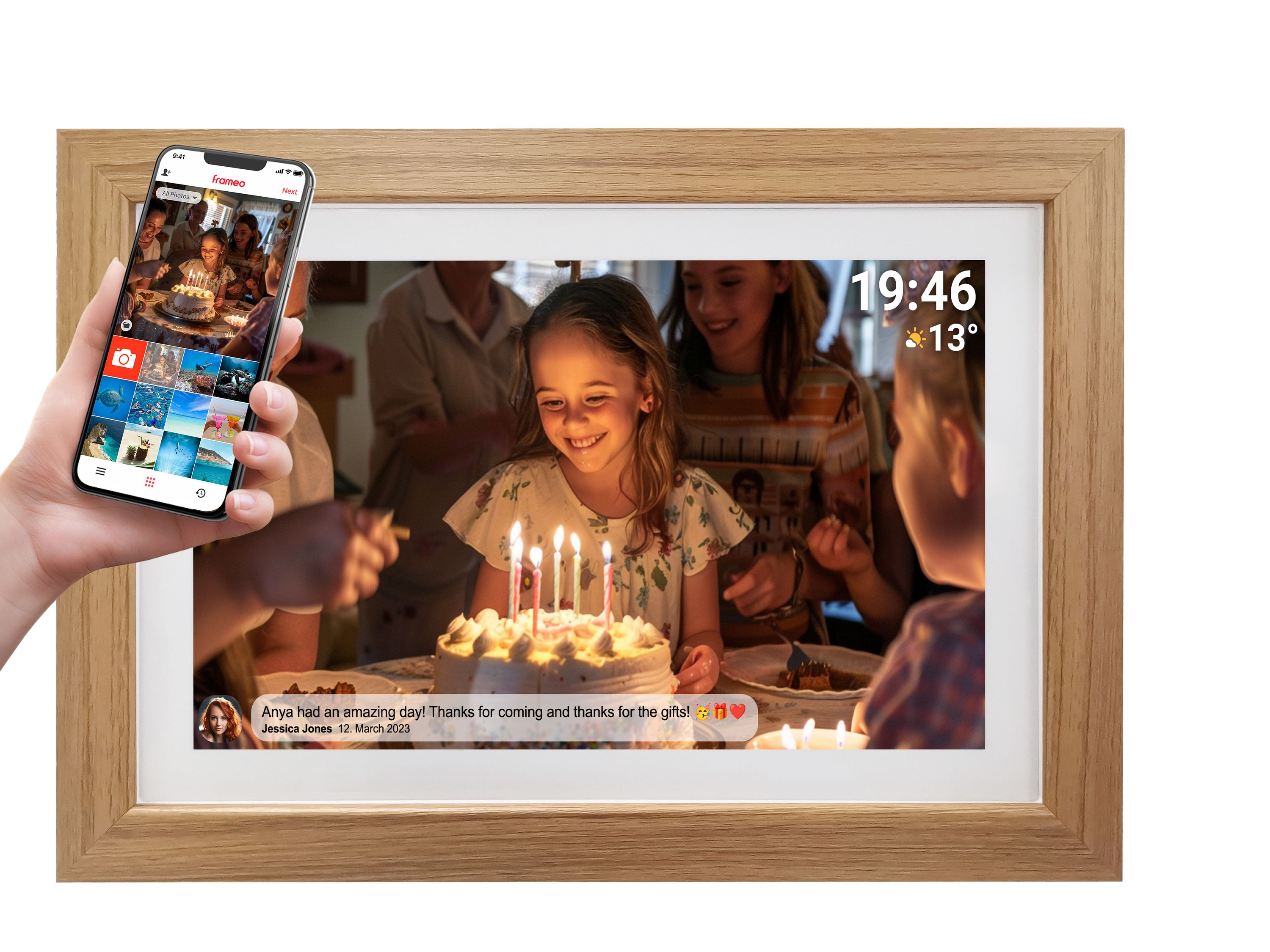 Denver PFF-1543 WiFi Bilderrahmen &ndash;15,6" IPS, Frameo, Holz hellbraun - Bild 1