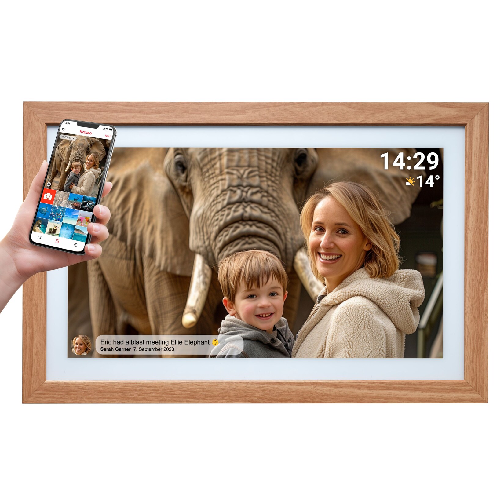 Denver PFF-2162LW WLAN Bilderrahmen – 21,5", Frameo, Holz, hellbraun