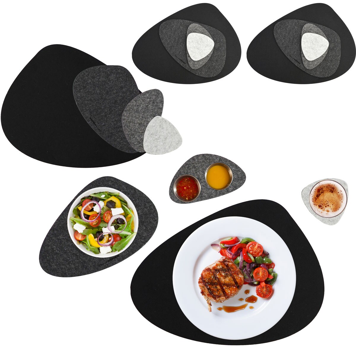 Flusskiesel Tischset Filz 16 Teile Platzset + Untersetzer für 4 Abwaschbar Grau | 04057216044195