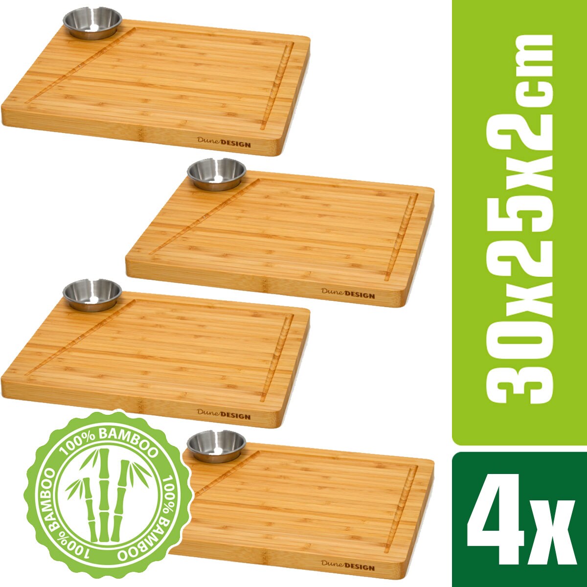 4er Set – Bambus-Servierbrett mit Dip-Schale – 30x25cm Steakbrett aus Holz | 04057216044027