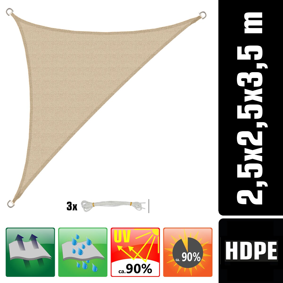 UV Sonnensegel 2,5x2,5x3,5 HDPE Dreieck Rechtwinklig Sonnenschutz Garten Beige - Bild 1