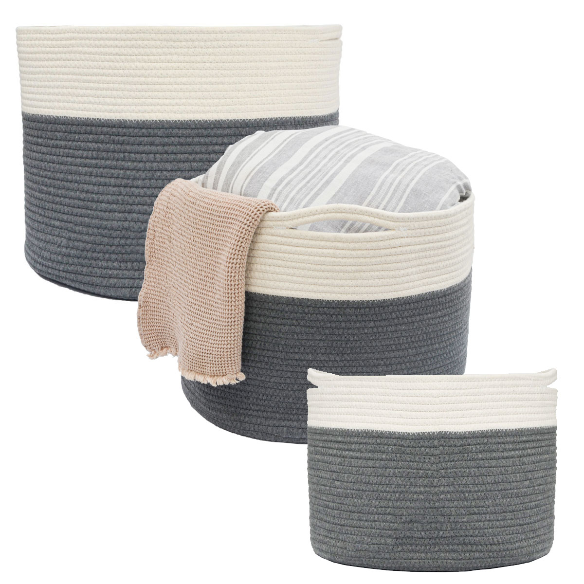 3er Baumwoll Seilkorb Set Boho Aufbewahrungskorb W&auml;schekorb Kinderzimmer rund - Bild 1