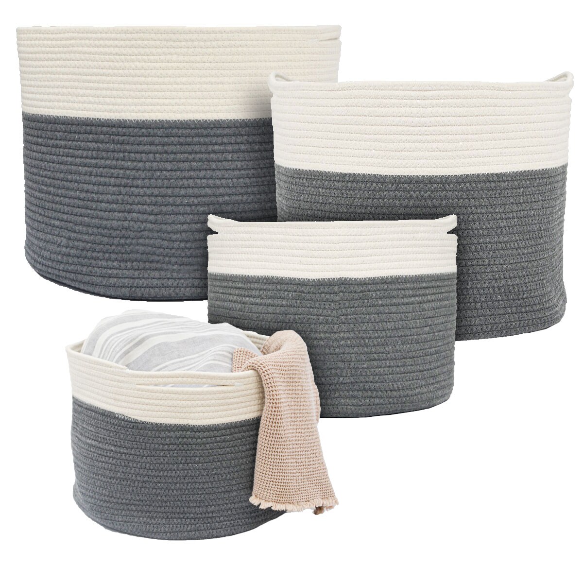 4er Baumwoll Seilkorb Set – Boho Aufbewahrungskorb Wäschekorb Kinderzimmer Rund | 04057216044874