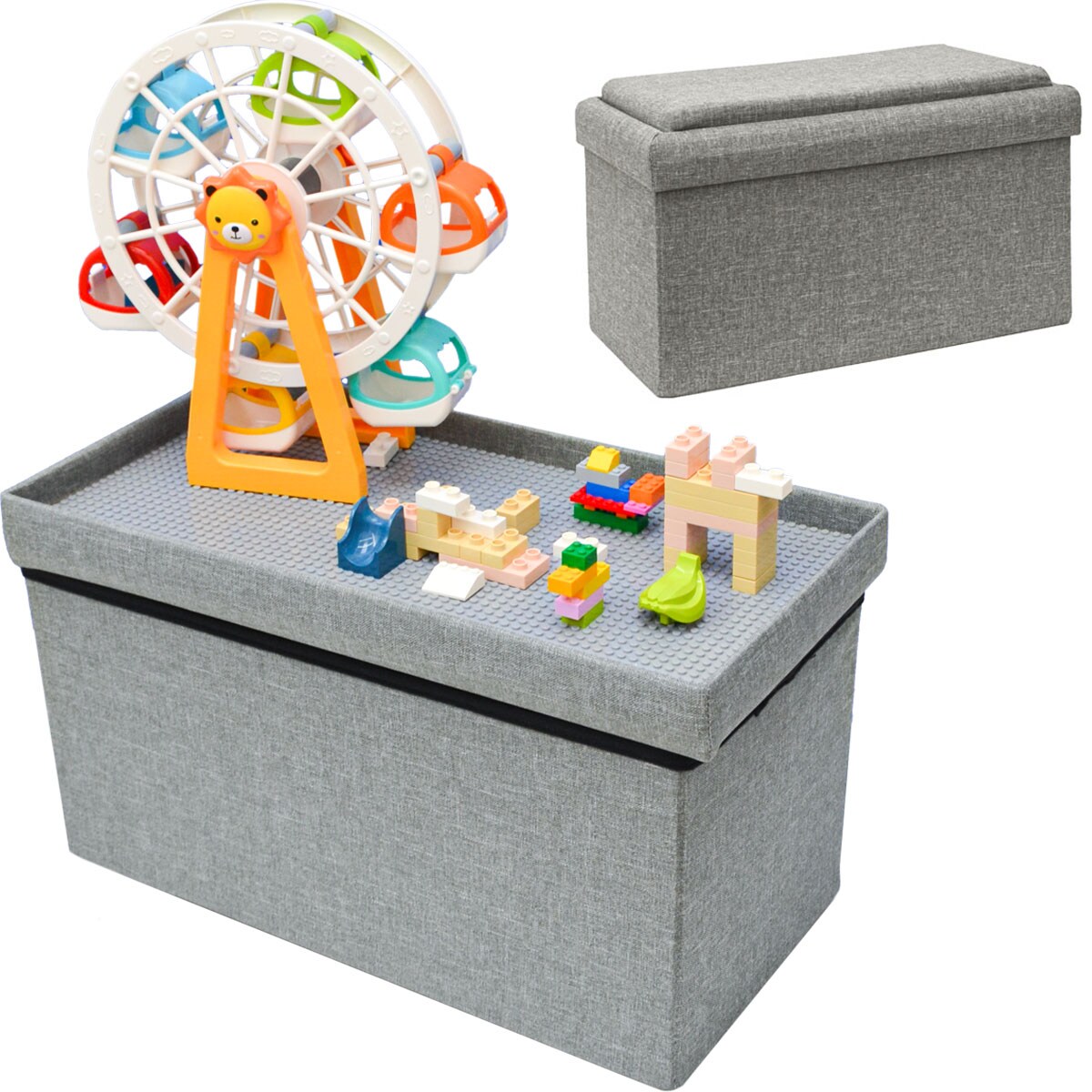 Kinder Aufbewahrungsbox mit Bauplatte – 53x27x30 Sitzbank – Baustein Spieltisch | 04057216045369