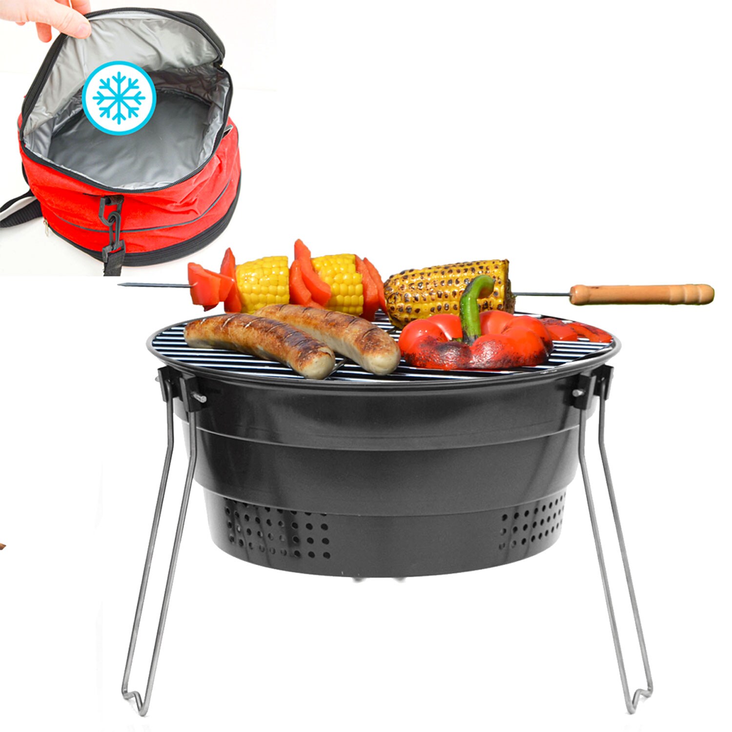Faltbarer BBQ Grill mit K&uuml;hltasche - &Oslash; 28cm Holzkohlegrill Campinggrill Klappbar - Bild 1