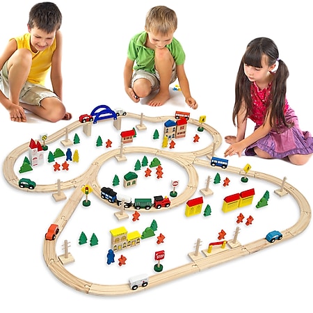 130 Teile XXL Holzeisenbahn Set - 5m Schienen - Holz Eisenbahn Kinder Spielzeug - Bild 1