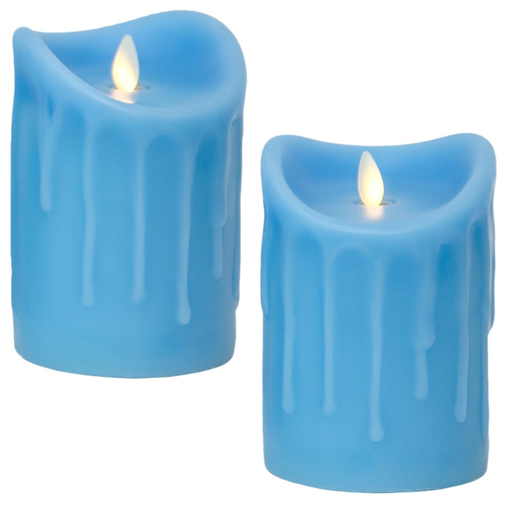 LED Kerze Echtwachskerze mit Timer Ø9,5cm Echtes Wachs 14cm Blau Tropfendesign mit Flammen-Simulatio | 04057216003499