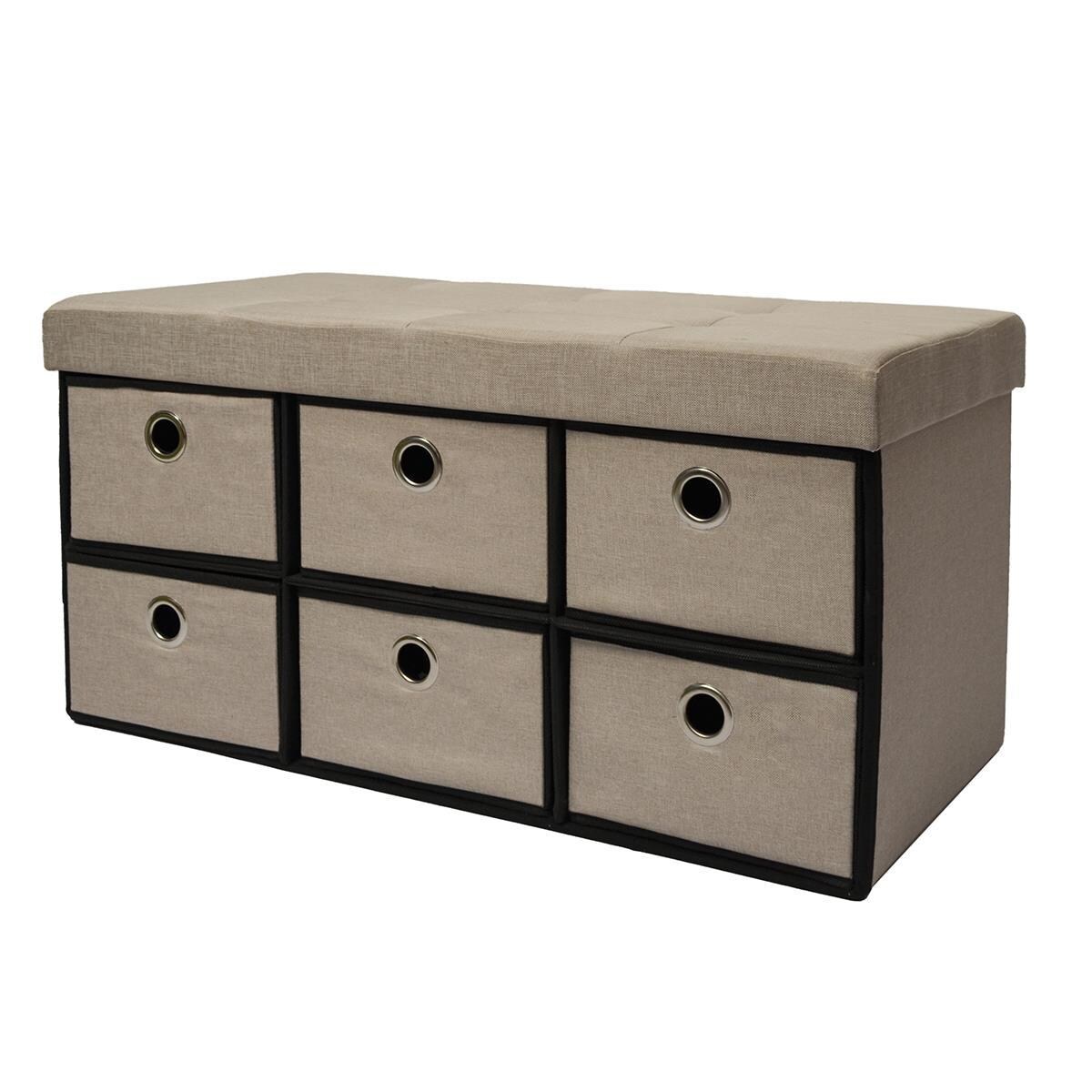 Faltbare Sitzbank 76x38x38cm mit 6 Schubladen Sitztruhe 80L Polsterbank Ottomane Leinen Beige Grau