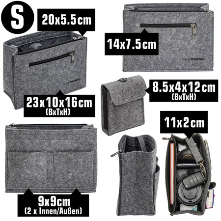 Handtaschen Organizer 23x10x16 cm Filz Tasche Innentasche Taschen Einsatz S  Grau