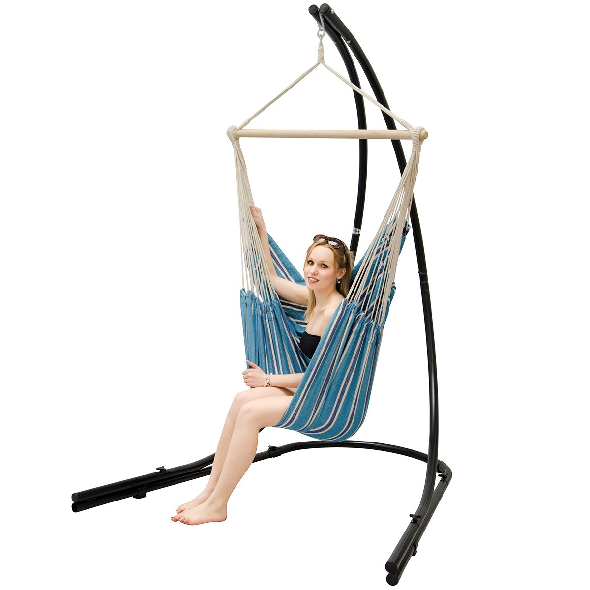 Freistehendes Stahl-H&auml;ngestuhlgestell 210cm inkl. XXL H&auml;ngesessel aus Baumwolle mit Swivel 185x130cm - Bild 1