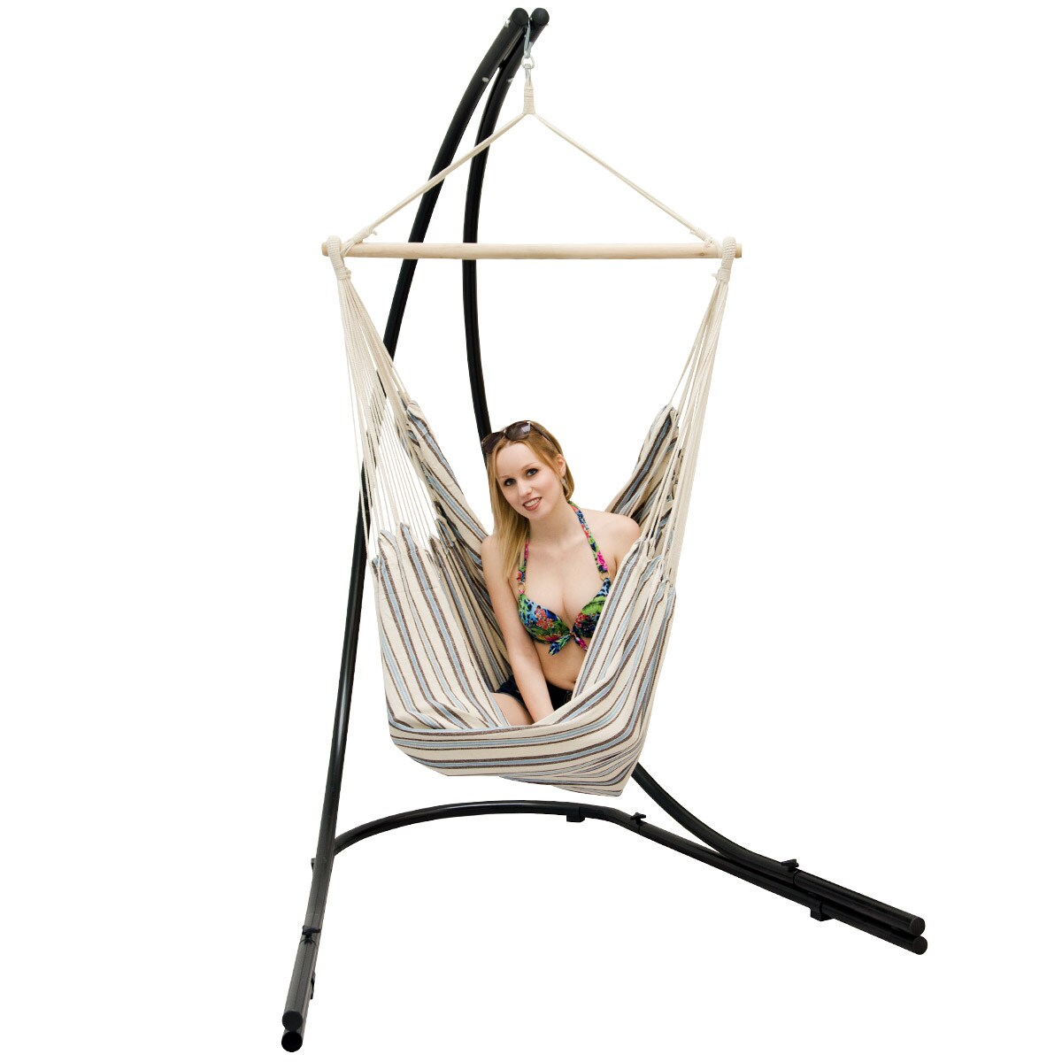 Freistehendes Stahl-H&auml;ngestuhlgestell 210cm inkl. XXL H&auml;ngesessel aus Baumwolle mit Swivel 185x130cm - Bild 1