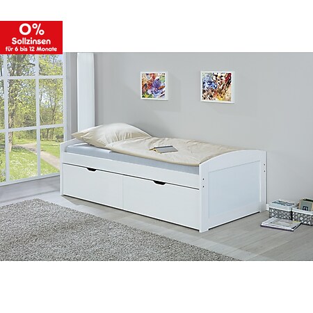 Eira Landhaus Bett 90x200 cm weiss Schubladen Jugendbett Kiefer Holz Gästebett - Bild 1